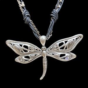 Dragonfly pendant necklace earring set matte silver leather band